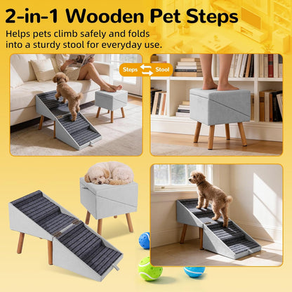 17.13" H Dog Stairs for Small Dogs, 2-in-1 Pet Steps & Ottoman - Foldable Dog Stairs for Couch, Non-Slip Wooden Pet Stairs for Puppy Senior Injured Dogs
