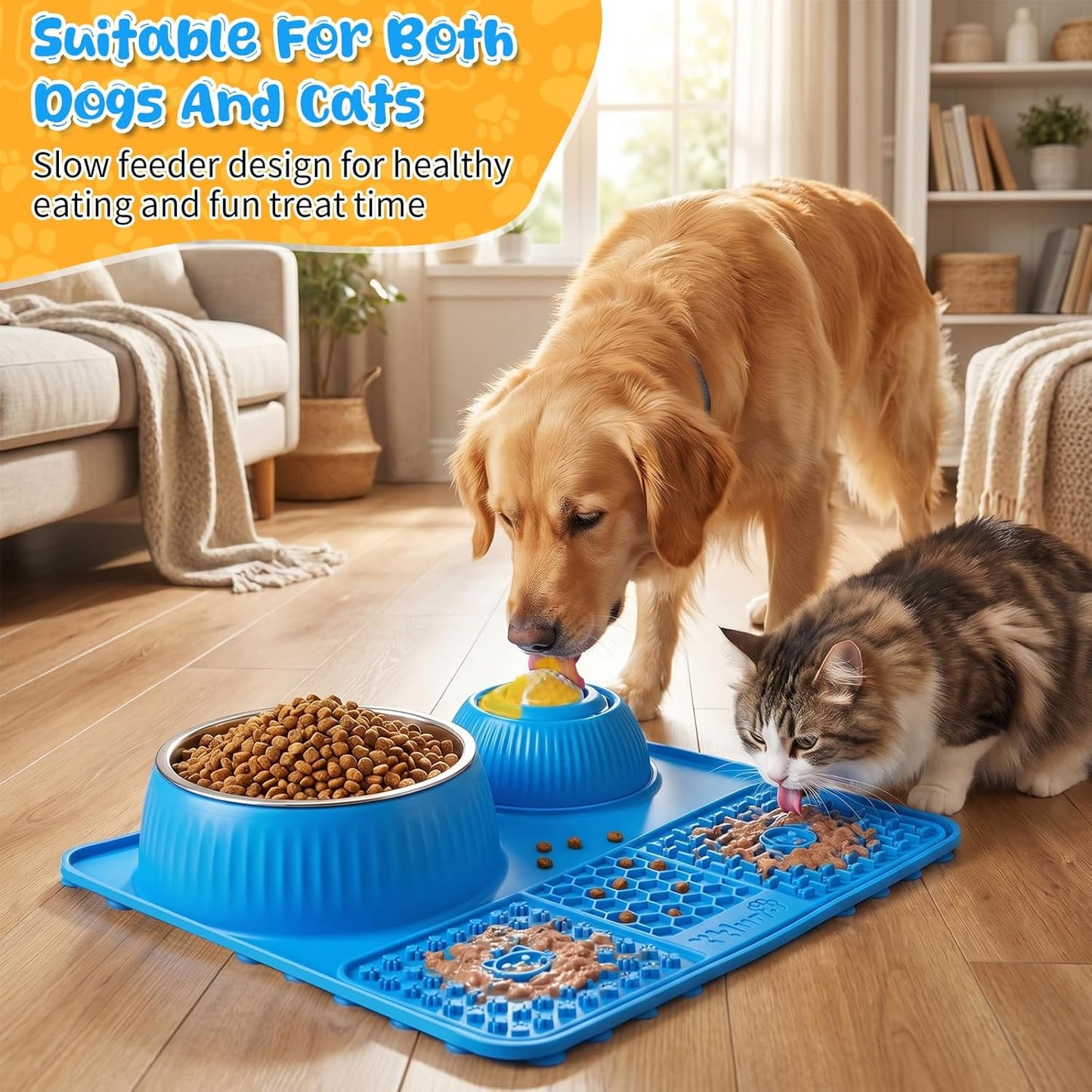 Dog Lick Bowl with Rolling Ball for Liquid and Thick Treat—3 in 1 Slow Feeder Dog Bowls+Lick Mat+50oz Stainless Steel Food Bowl,Anti-Slip 5/6 Cup Licking Toy for Medium Large Dogs and Cats Grey