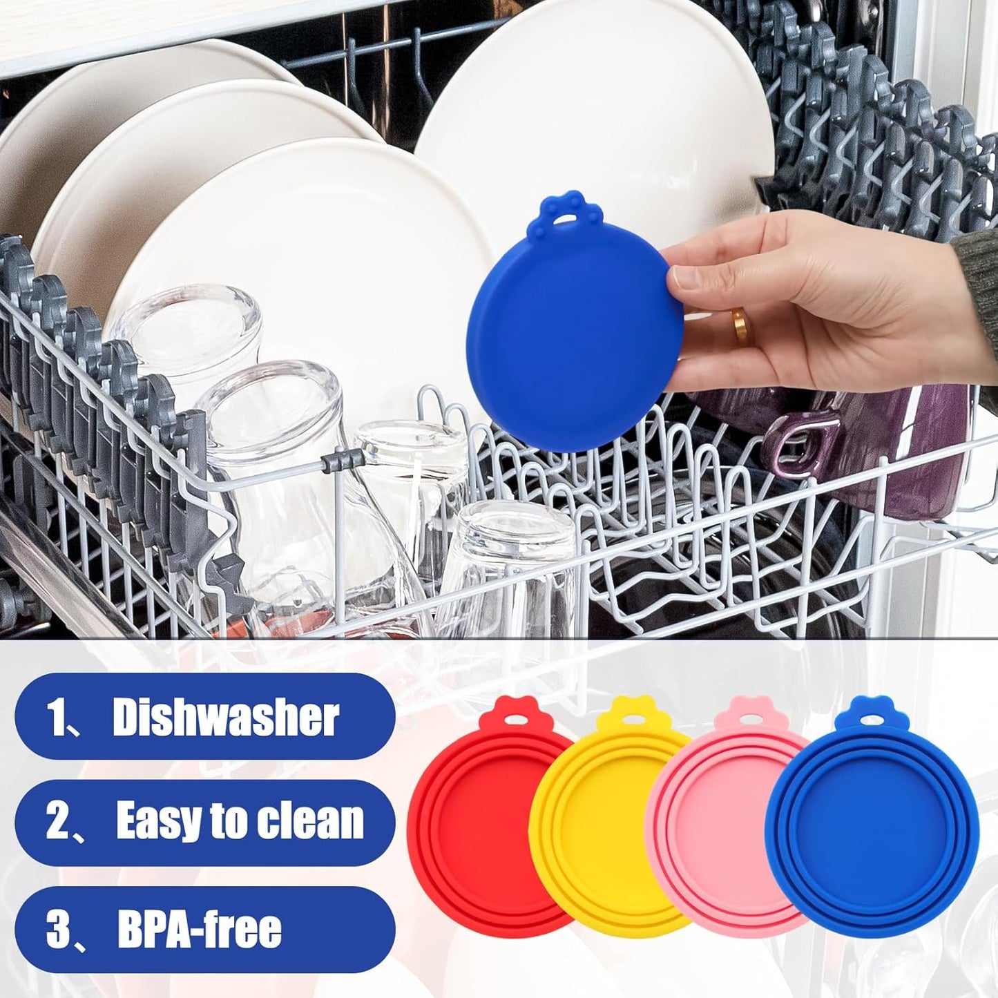 PINE & LINEN 4 Pcs 2.5inch Durable Pet Can Lids, Silicone Small Pet Can Covers Waterproof Cat Food Cans Lids for 3 oz Cat Food Cans（Yellow+Red+Pink+Blue）