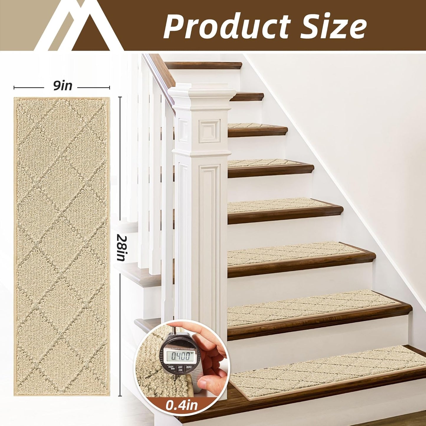 COSY HOMEER Edging Stair Treads Non-Slip Carpet Mat 28inX9in Indoor Stair Runners for Wooden Steps, Edging Stair Rugs for Kids and Dogs, 100% Polyester TPE Backing (7pc, Beige)