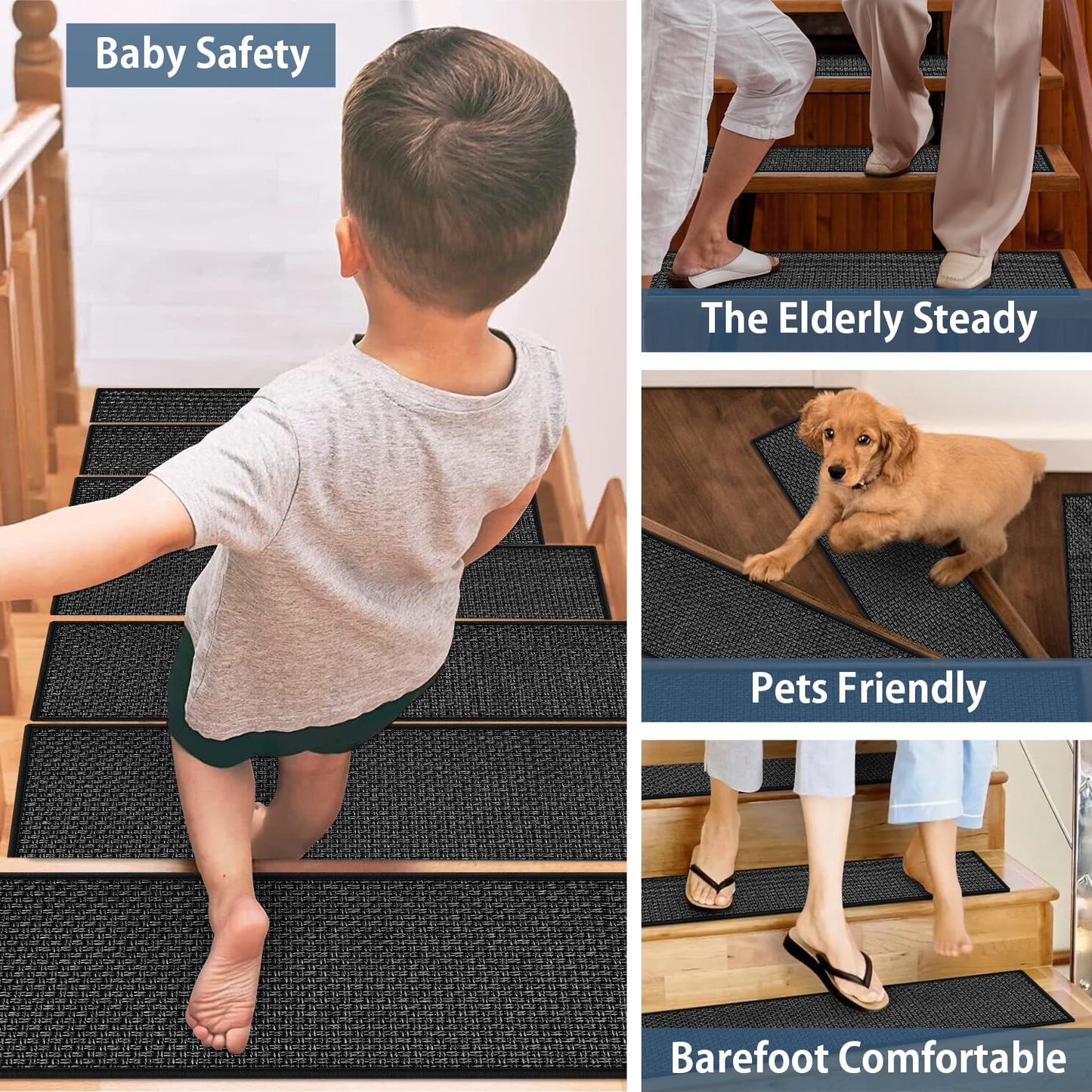 Peel and Stick Adhesive Stair Treads for Wooden Steps Indoor Set of 15 Pack, Rubber Backed Non Slip Jute Stair Rug Step Pads for Pet Dog, Elders and Kids, Beige