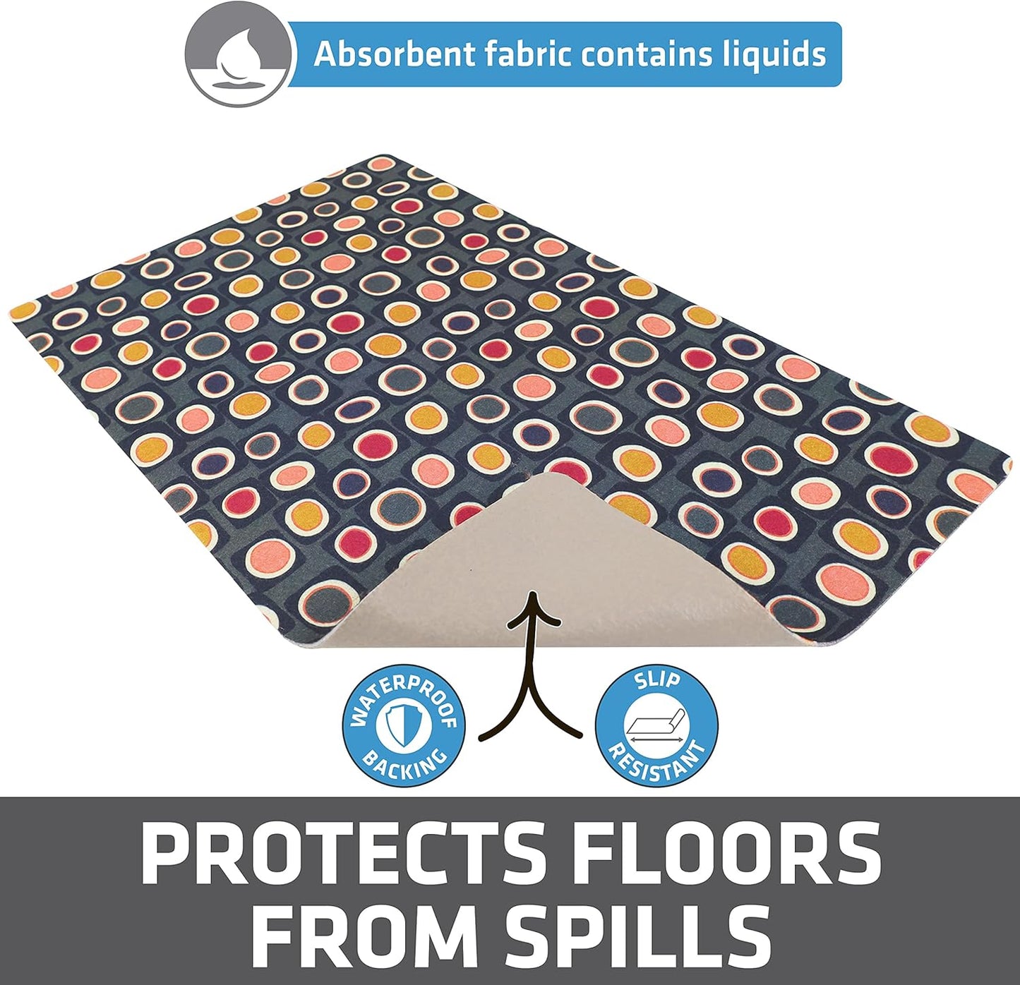Drymate Pet Bowl Placemat, Dog & Cat Food Feeding Mat - Absorbent Fabric, Waterproof Backing, Slip-Resistant - Machine Washable/Durable (USA Made) (12” x 20”) (Indigo)