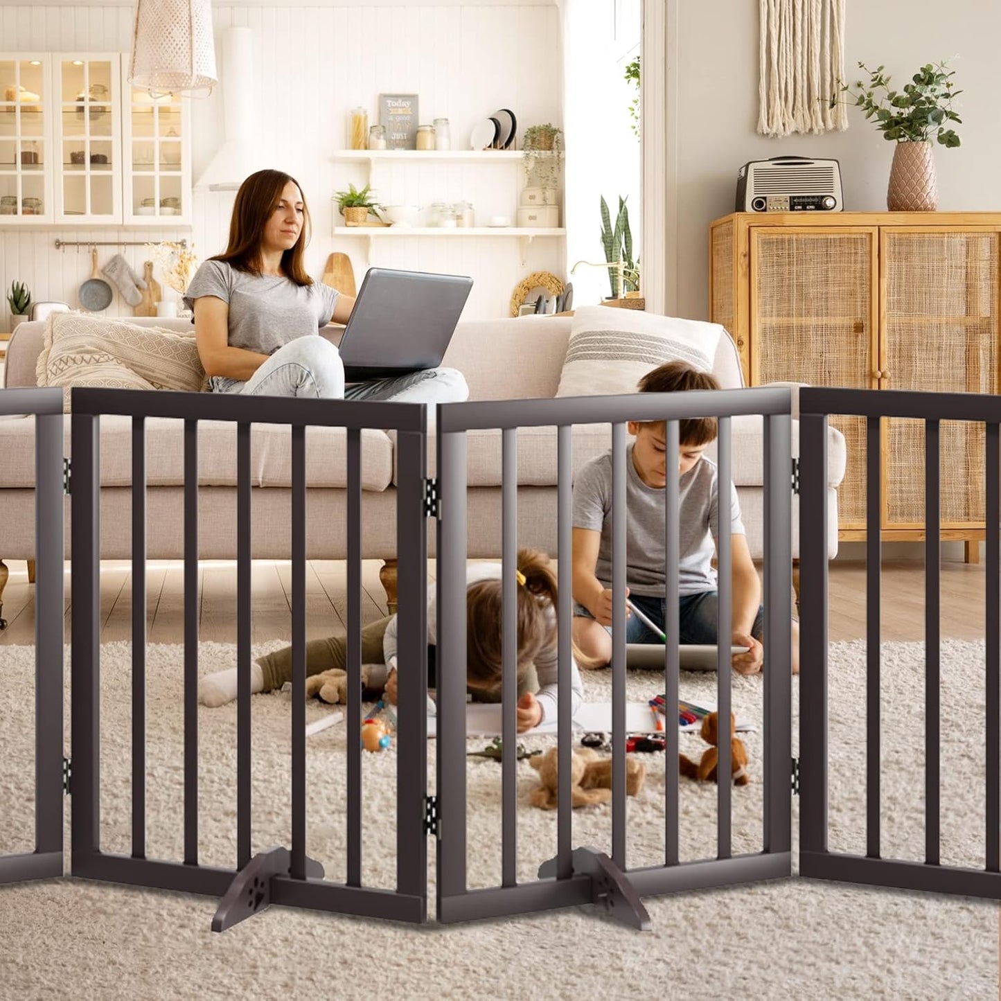 Freestanding Dog Gates Indoor, 3-Panel Pet Gates with 2 Metal Stands and 360° Hinge, 24" H Foldable Dog Gate for Stairs, Doorway, Kitchen, Expands Up to 55" Fully Assembled - Black Walnut