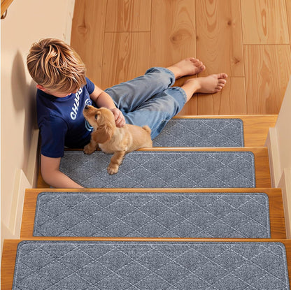 Stair Treads Non-Slip for Wooden Steps, 15Pack - 8" x 30" Edging Stair Runner Indoor for Kids Elders & Pets, Washable Carpet Stair Treads with Peel & Stick Reusable TPE Backing, Beige