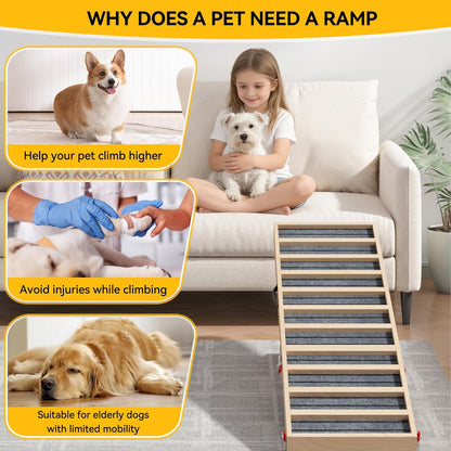 Dog Ramp for Bed,39" Long Adjustable Wooden Pet Ramp for Small Medium Dogs,Non-Slip Surface and High Traction,Metal-Reinforced Folding Ramp for Dogs to get on Bed Couch Car,up to 132lbs