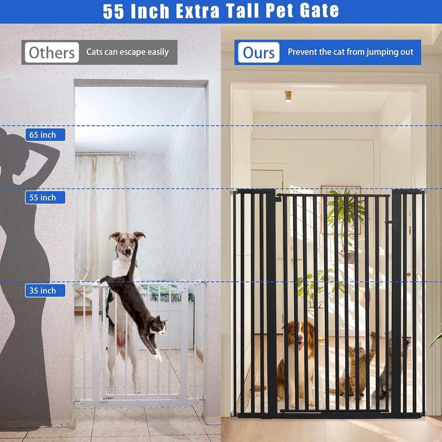 SHYUJAJIE 55 Inch Extra Tall Pet Gate for Cats,29.92"-43" Adjustable Wide Dog Gates,Pressure Mounted Walk Through Tall Pets Gate for Doorways,Hallway,Stairs(Black)