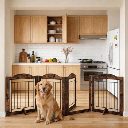 Vantas Espresso Wooden Folding Dog Gate 144" Wide x 30" Tall with Door, Freestanding Pet Gate, Pet Puppy Safety Fence