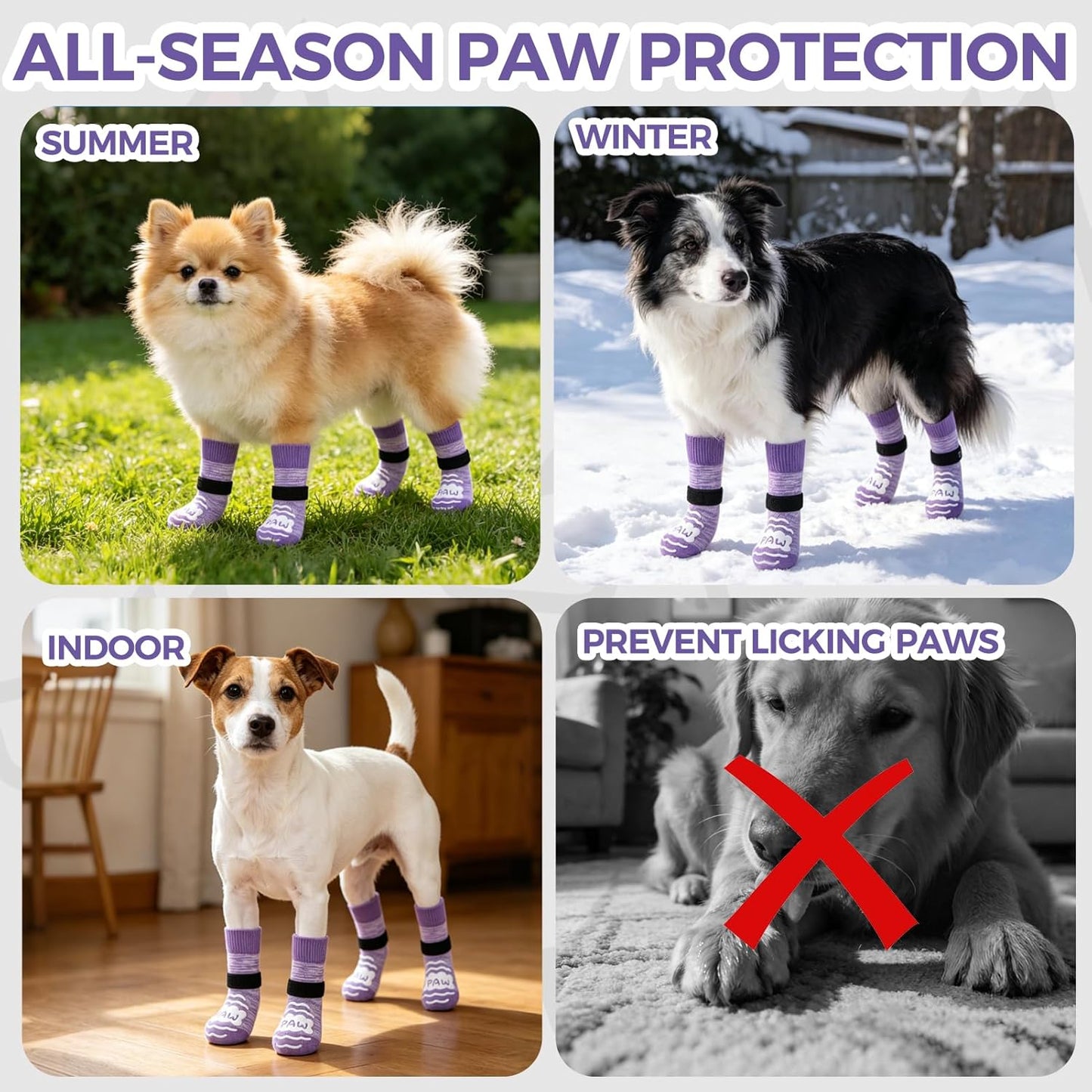 BINGPET Dog Socks to Prevent Licking Paws -Dog Shoes for Hot Pavement,Extra-Thick Grippy Dogs Sock for Hardwood Floors Anti-Slip,4Pcs All-Weather Boots Paw Protector for Small Medium Large Senior Dogs