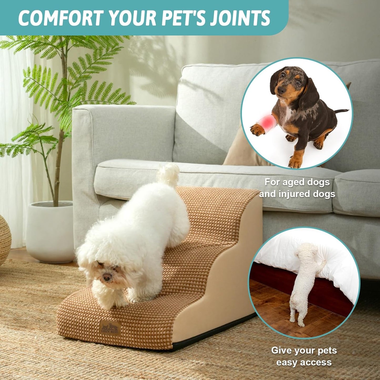 COZY KISS Dog Stairs for Small Dogs 15.7" H, Curved Dog Step for Puppy, Older Cat, Medium Pet Ramp for Sofa, Couch or Chair, Ladder with High Density Foam, 3 Step, 15.7x22.4x15.7 inch, Beige