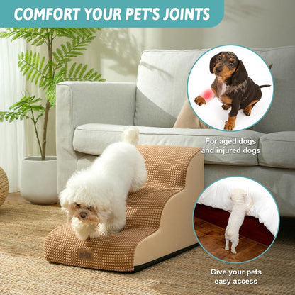 COZY KISS Dog Stairs for Small Dogs 15.7" H, Curved Dog Step for Puppy, Older Cat, Medium Pet Ramp for Sofa, Couch or Chair, Ladder with High Density Foam, 3 Step, 15.7x22.4x15.7 inch, Beige
