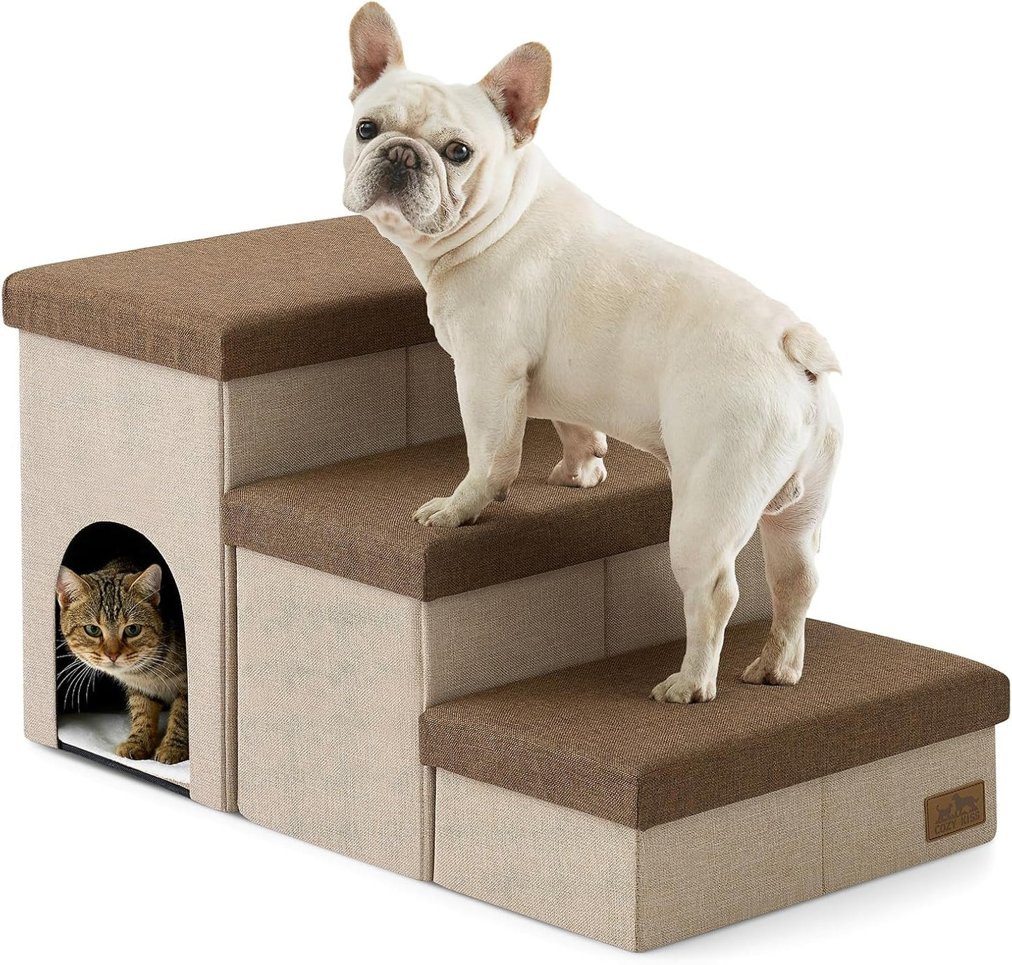 Dog Stairs with Storage, 4-Step Wider Sturdy Dog Steps for Small/Medium/Large Dogs and Older Cats, Folding Doggie Ramp for Bed/Couch/Car Hold Up to 180 lbs (22" H, Brown)
