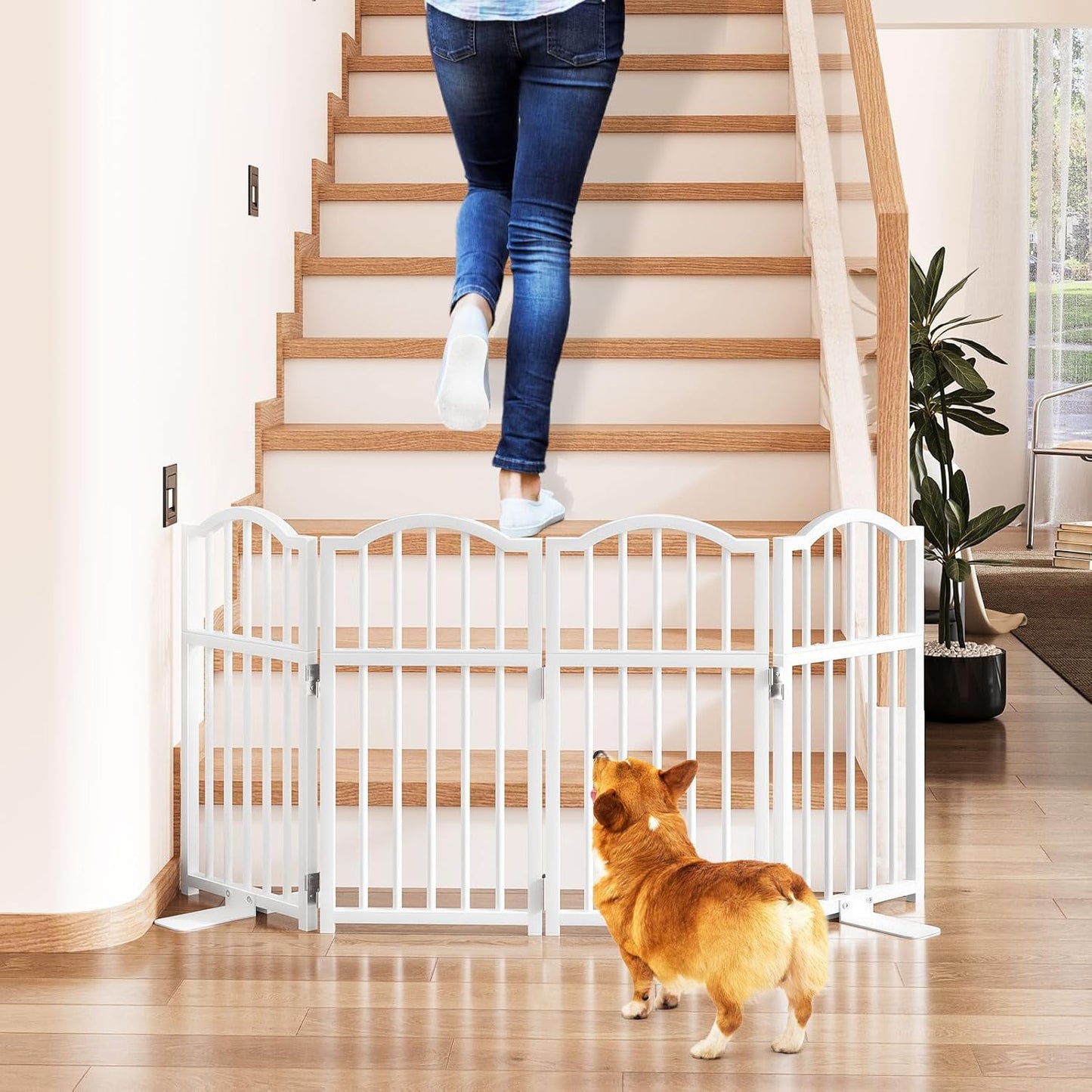 Snughome Short Dog Gate Indoor, 16" High Freestanding Small Dog Door Gates with Support Feet, Expands Up to 48’’ Wide Foldable Pet Gate for Doorway, 4 Panel Folding Pet Door Pet Fence for Puppy, White