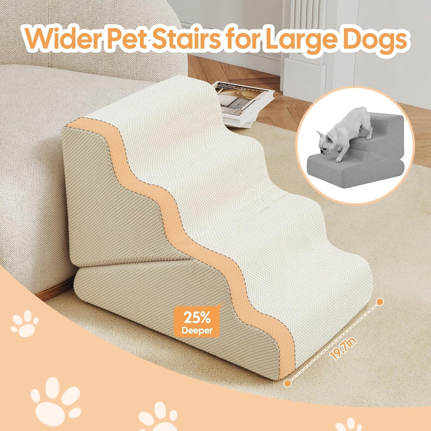 Dog Ramp for Bed, 23" H Dog Stairs for High Bed, 2 in 1 Pet Steps for Small Dogs, 5-Step Foldable Transformable Large Cats Ramp to Get on Couch, Non-Slip Balanced, Grey