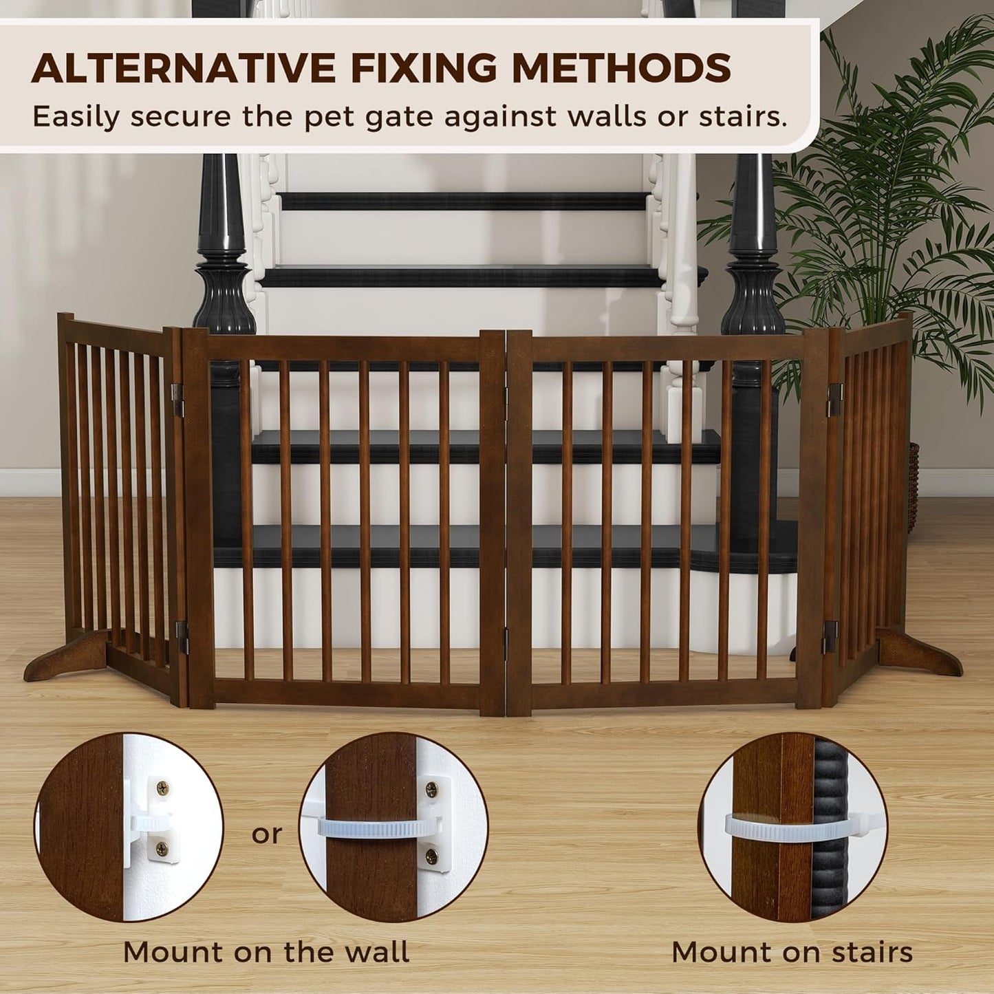 36" H Freestanding Dog Gate, Solid Wood Foldable Pet Gate with Support Feet, Wooden Tall Dog Gate for Doorway, Stairs & Indoor Use, 60" Wide Expandable Pet Fence, 3 Panels, Walnut