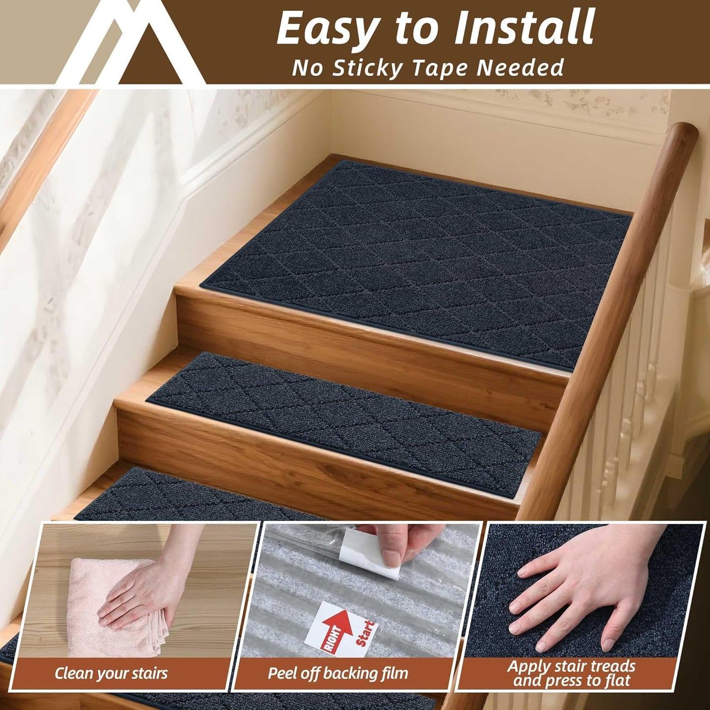 COSY HOMEER Edging Stair Treads Non-Slip Carpet Mat 28inX9in Indoor Stair Runners for Wooden Steps, Edging Stair Rugs for Kids and Dogs, 100% Polyester TPE Backing (7pc, Beige)