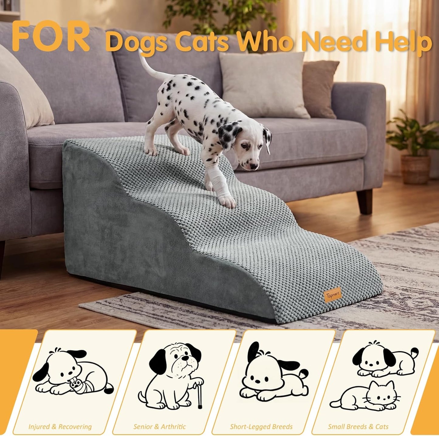 Topmart High Density Extended Foam Dog Ramp&Steps 2 Tiers,11.8" High,Non-Slip Dog Stairs,Soft Foam Pet Ladder with Removable Cover,Best for Injured,Older Cats,Pets with Joint Pain