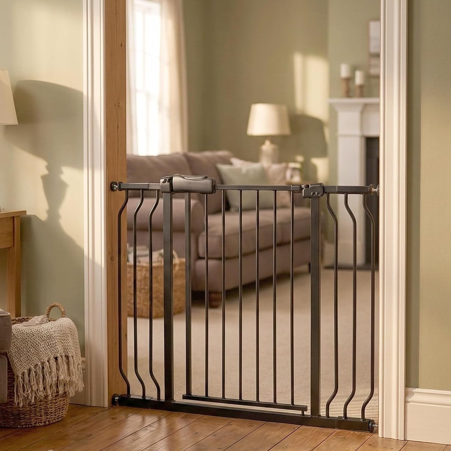 Extra Wide Baby Gate 85.8-90.5" Dog Gate Indoor Pressure Mounted No Drill Safety Gate for Large Entries, Kitchen,Stairs & Doorways, Black Metal Indoor Pet Gate for Kids & Dogs