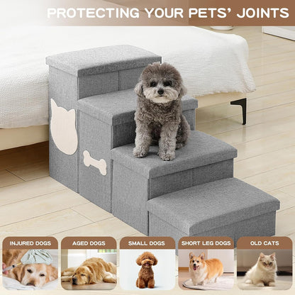Wider Dog Steps for Bed 17" H, Foldable Dog Stairs with Storage, Non-Slip Pet Steps for Small Medium Large Dogs, Arthritis-Friendly Pet Stairs for Couch and Car Up to 200 lbs, Grey, 3 Steps