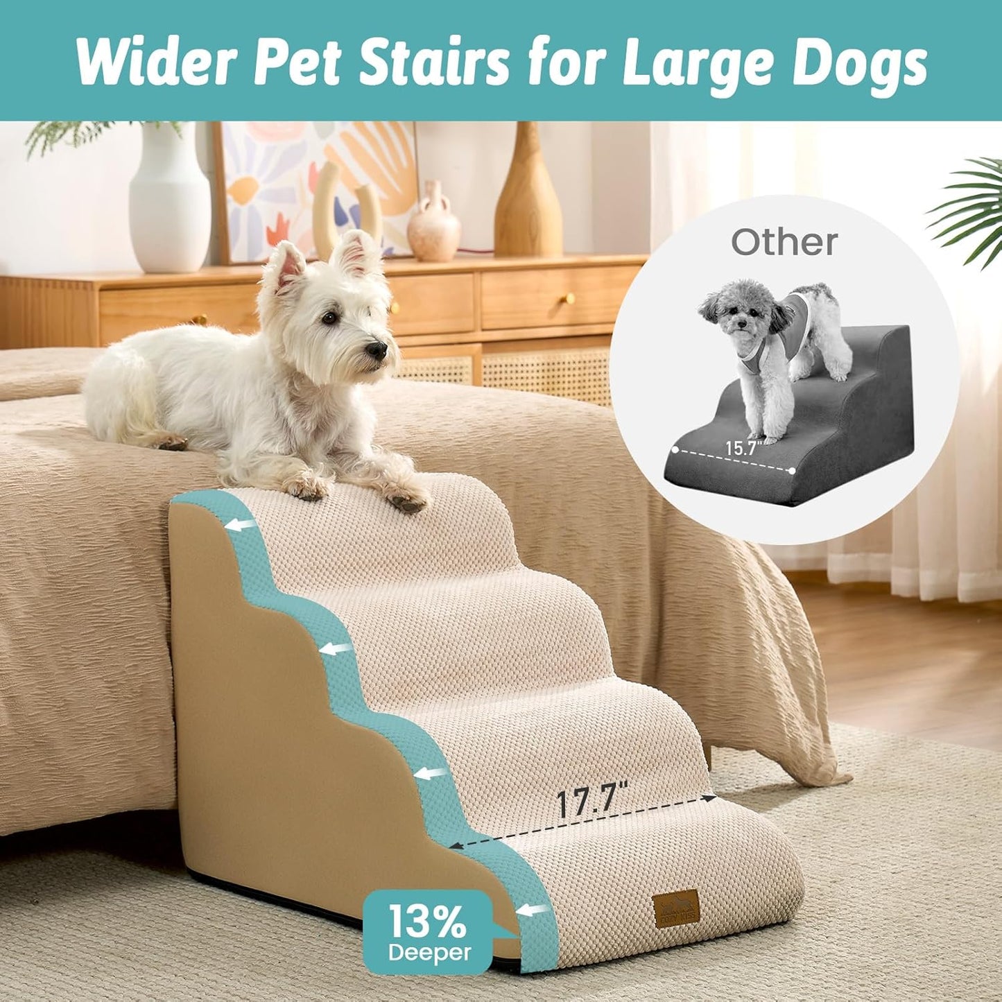 COZY KISS Extra Wide Dog Stairs with Tunnel, Foam Detachable Large Dog Step for Small Pet, Puppy or Cats, Medium Pet Ramp for High Bed, Couch, Sofa or Car, 19.7x33x22.4 inch, 5 Step, Beige