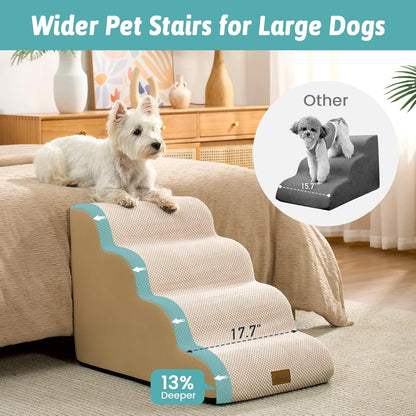COZY KISS Extra Wide Dog Stairs with Tunnel, Foam Detachable Large Dog Step for Small Pet, Puppy or Cats, Medium Pet Ramp for High Bed, Couch, Sofa or Car, 19.7x33x22.4 inch, 5 Step, Beige