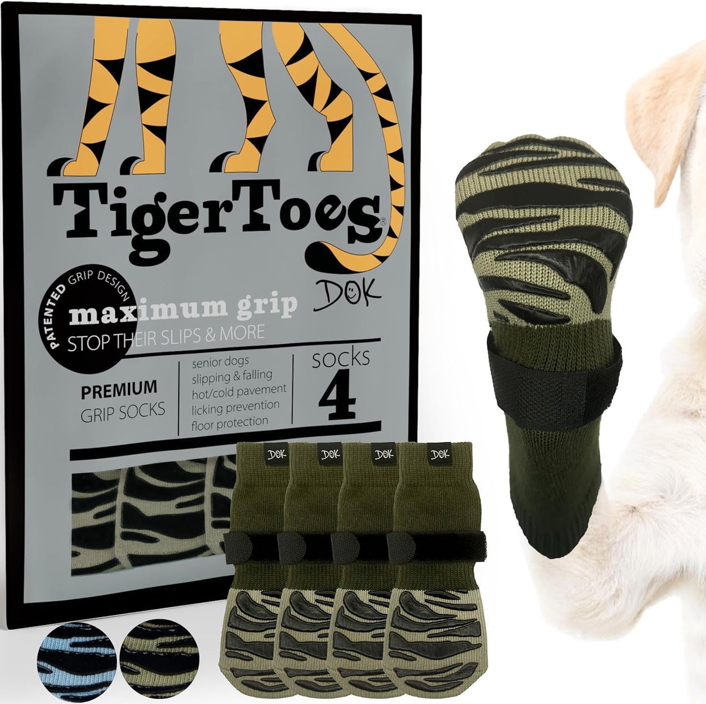 DOK TigerToes Premium Non-Slip Dog Socks for Hardwood Floors - Extra-Thick Grip that Works Even When Twisted - Prevents Licking, Slipping, and Great for Dog Paw Protection (Breezy Blue, Large)