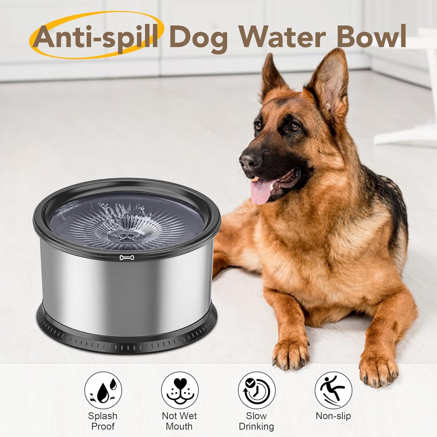 1.6 Gallon Dog Water Bowl, 6.5L/220oz Stainless Steel No Spill Water Bowl for Large Dogs, Super Large Capacity Splash Proof Pet Slow Drinking Water Bowl with Anti-Slip Mat for Mess Drinkers