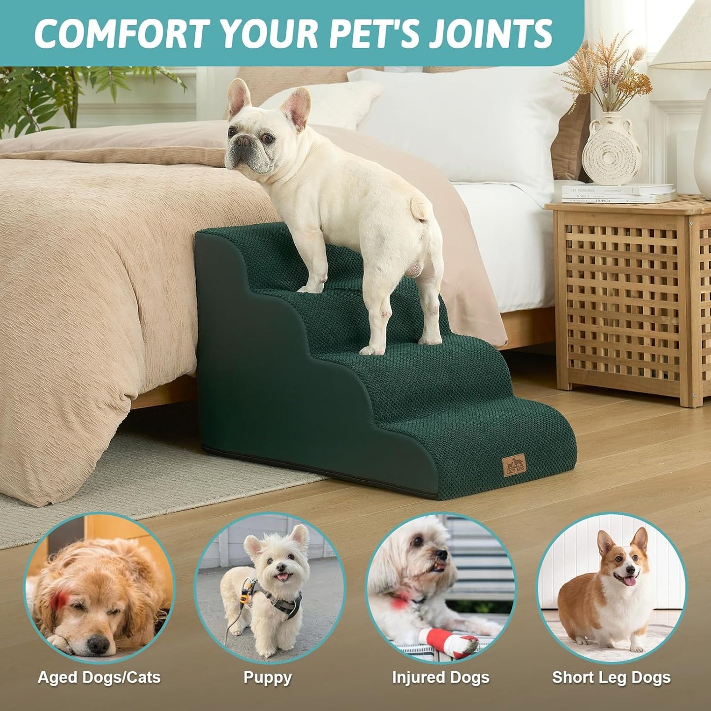 COZY KISS Dog Stairs for Small Dogs 15.7" H, Curved Dog Step for Puppy, Older Cat, Medium Pet Ramp for Sofa, Couch or Chair, Ladder with High Density Foam, 3 Step, 15.7x22.4x15.7 inch, Beige