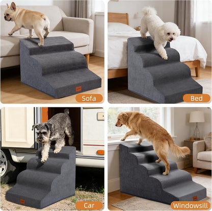Dog Stairs for Small Dogs and Cats, 15.7" H, 3-Step Curved Pet Ramp for Couch Sofa and Chair, Non-Slip Medium Pet Steps with High Density Foam, Beige