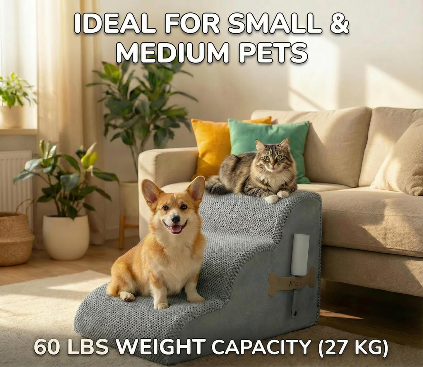 PAWZY Dog Stairs for Medium-Height Beds & Couches, 3-Step Foam Pet Steps 15.5” High for Small Dogs & Cats up to 60 lbs, Wide Non-Slip, Waterproof Washable Zipper Cover, No Assembly, Grey