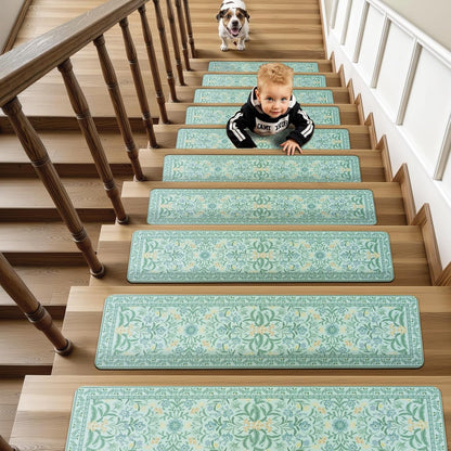 OJIA Floral Stair Treads Non-Slip Stair Runner for Wooden Steps Indoor 15PCS 30"x8" Carpet Stair Treads Stair Mats Staircase Step Treads for Kids, Elders and Dogs, Stair Covers, Black