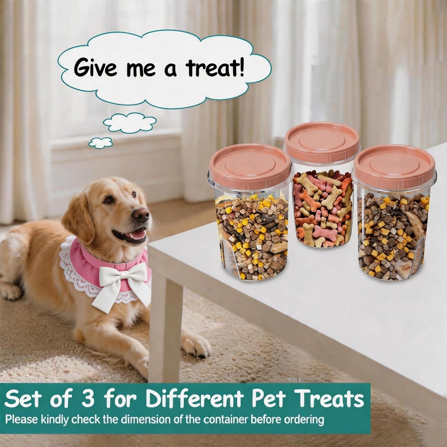 3 Pack Dog Treat Container - Airtight Dog Treat Holder with Lid - Reusable Cat Treat Container - Cute Cat Treat Cookie Container Set - Plastic Pet Dog Cat Food Storage Container