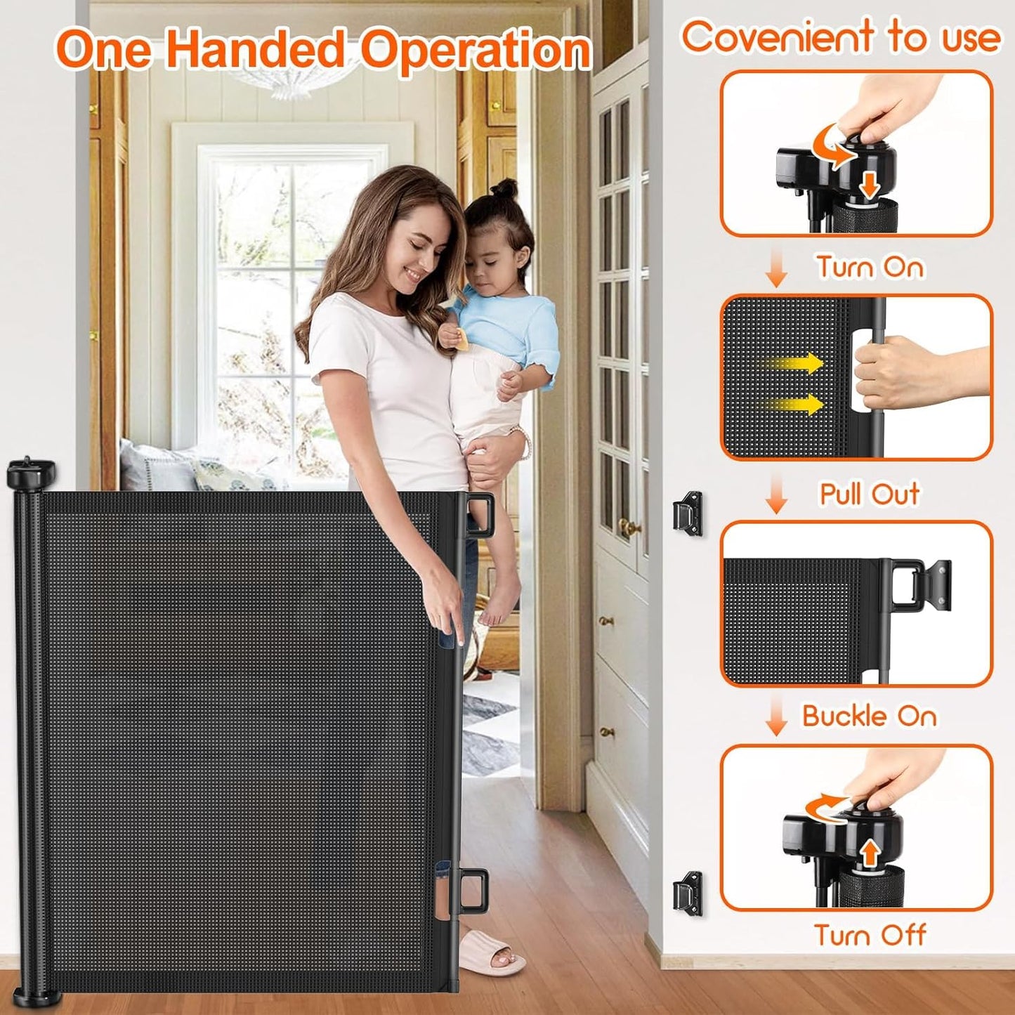 Upgrade 120 inch Retractable Baby Gates, EZIGO Extra Wide Baby Gate for Large Opening Extra Long Mesh Gate for Kids or Pet Dog Gate Child Safety Gate for Stairs Hallways Doorway Indoor Outdoor, Gray