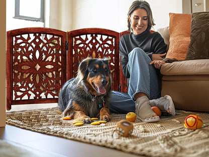 Croft&Cane Wooden Foldable Pet Dog Safety Gate – 3 Panel Freestanding Indoor Pet Fence (20 inches W x 24 inches H) – Hand-Carved Solid Wood & MDF – Fully Assembled - Antique Brown