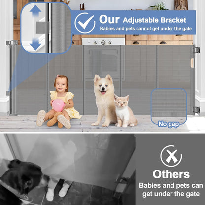 Reinforced 90 Inch Retractable Baby Gates Extra Wide Baby Gate with Reinforced Strips, 7.5ft Long Retractable Dog Gate for The House 33 Inch Tall Extra Long Pet Gates for Wide Openings, Black