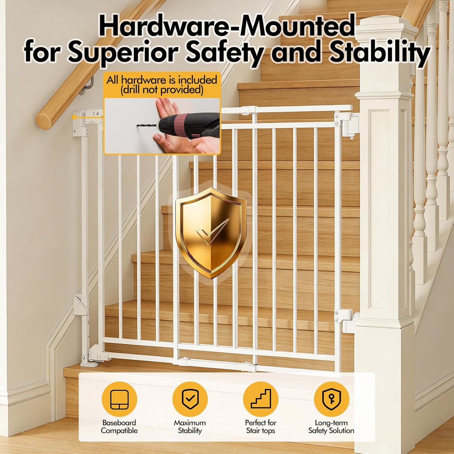 Baby Gate for Stairs & Doorways - Fits Openings 26 to 43 Inches Wide (Must Drill to Install) | 29" Extra Tall with No Bottom Bar | One-Handed Auto-Close Walk-Thru Gate for Kids & Pets, Black