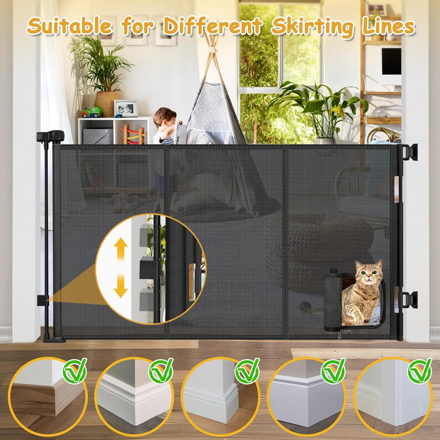 Reinforced 60” Wide Retractable Dog Gate with Cat Door Gates for Pets with Reinforced Strips 33” Tall Mesh Baby Gate Retractable Pet Gates for Dogs Indoor with Door Cats Can in and Out Freely, Gray