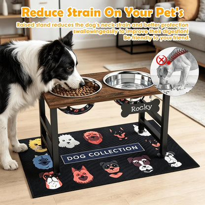 ADENGL Metal Raised Dog Bowl, 10" Tall Elevate Dog Feeder Stand with 2 Stainless Steel 42oz Bowls & 16x24 Non-Slip Mat – Stronger Dogs Food & Water Bowl Stand (Black)