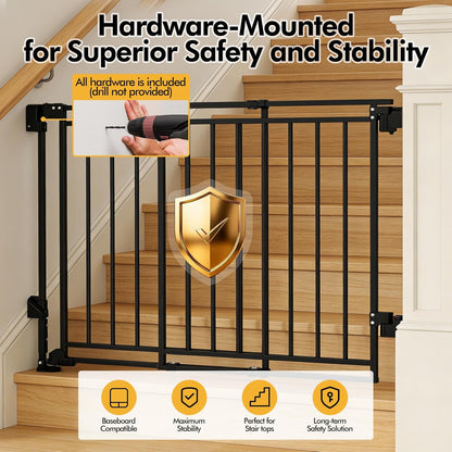 Baby Gate for Stairs & Doorways - Fits Openings 26 to 43 Inches Wide (Must Drill to Install) | 29" Extra Tall with No Bottom Bar | One-Handed Auto-Close Walk-Thru Gate for Kids & Pets, Black