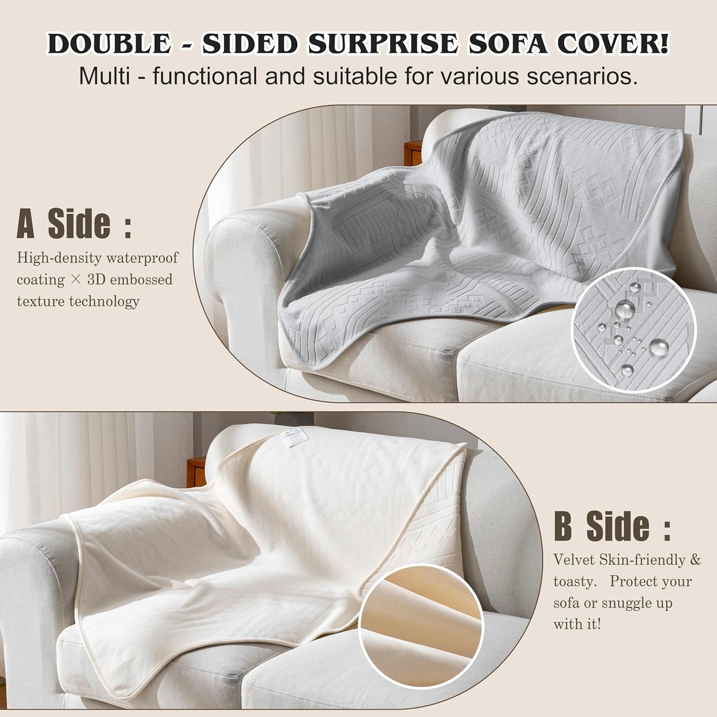 Waterproof Couch Cover, Reversible, Pet-Friendly, Washable and Anti-Slip Couch Covers for Sofa Protection with 3 Cushions, Sofa Slipcovers for Dogs and Cats (71×118in/Brown)