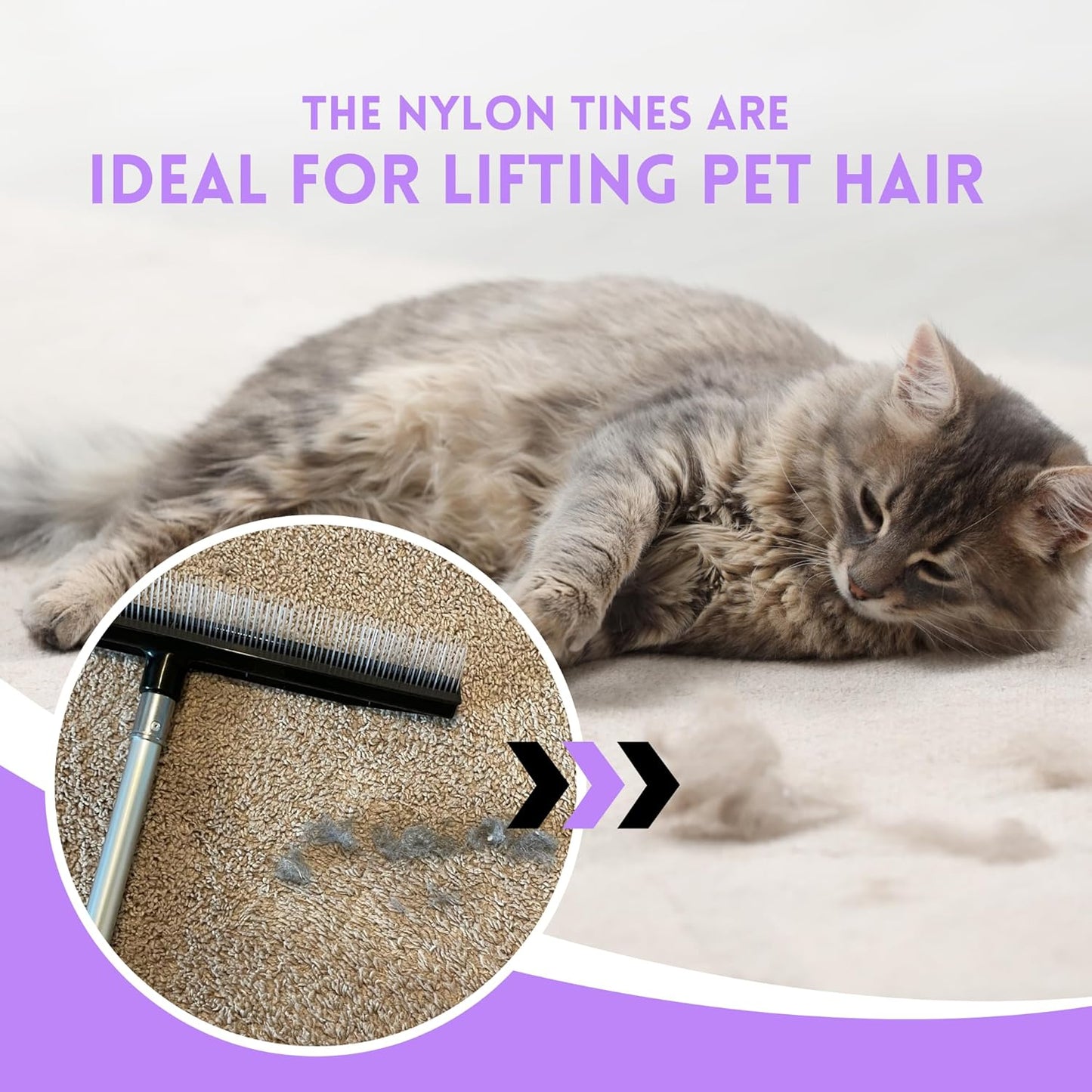 Small Room Groom Carpet Rake, 11" Handle, Portable Carpet Brush for Pet Hair, High Pile Rugs, Stairs, Furniture & Artificial Turf, Compact Groomer Tool