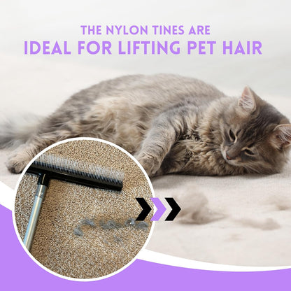 Small Room Groom Carpet Rake, 11" Handle, Portable Carpet Brush for Pet Hair, High Pile Rugs, Stairs, Furniture & Artificial Turf, Compact Groomer Tool