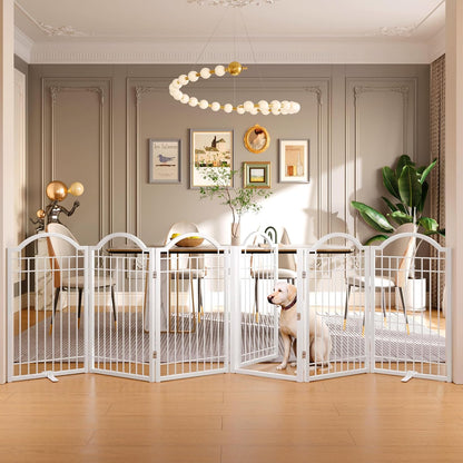 BHG Metal No-Assembly Freestanding Dog Gate with Door Walk Through, Extra Wide 144", Extra Tall 32" Pet Gate, Accordion Puppy Folding Playpen Dog Fence, with 2PCS Support (Black, 6 panesl)