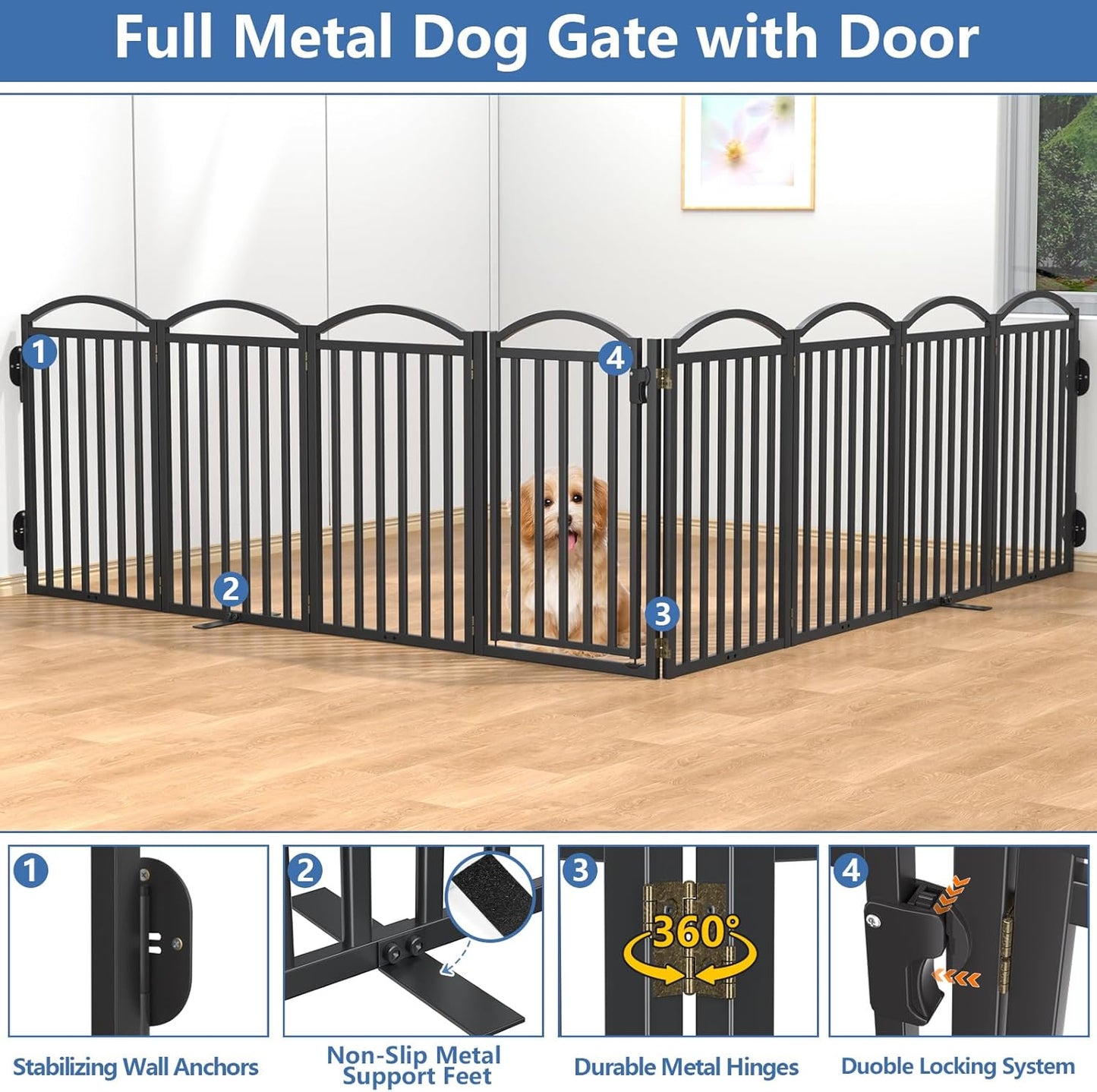 Malier Metal Freestanding Dog Gate, 32'' Height Outdoor Indoor Dog Fences, Extra Wide Foldable Puppy Gate for Stairs (Black, 【2 Panels】 40''W × 32''H)