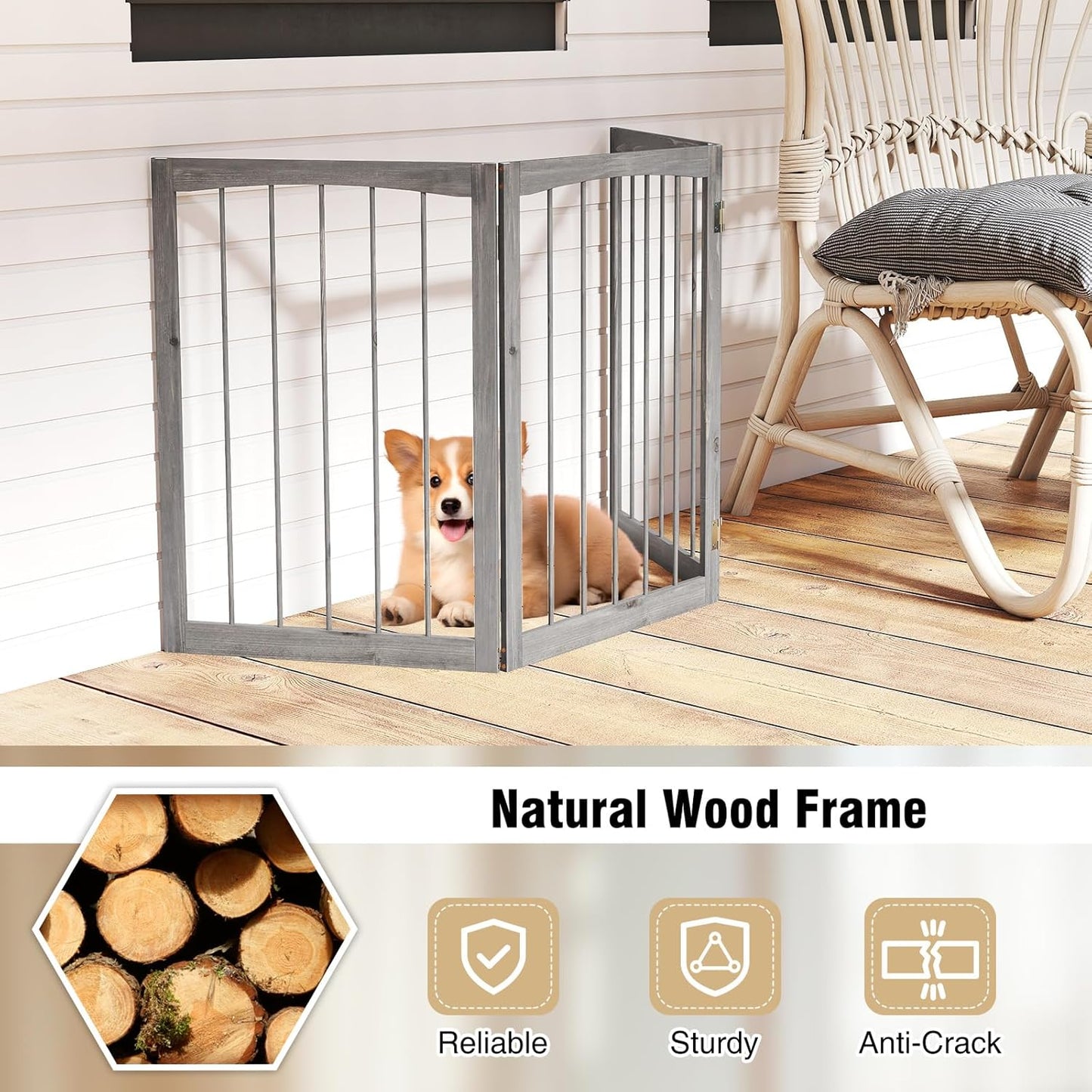 PETSITE 3-Panel Foldable Dog Gate Indoor, 30 Inch Height Wooden Freestanding Pet Fence for Stairs, Hallways, and Doorways, Ideal for Small Sized Pets (Grey)