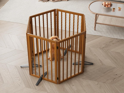 Freestanding Dog Gates Indoor, 3-Panel Pet Gates with 2 Metal Stands and 360° Hinge, 24" H Foldable Dog Gate for Stairs, Doorway, Kitchen, Expands Up to 55" Fully Assembled - Black Walnut