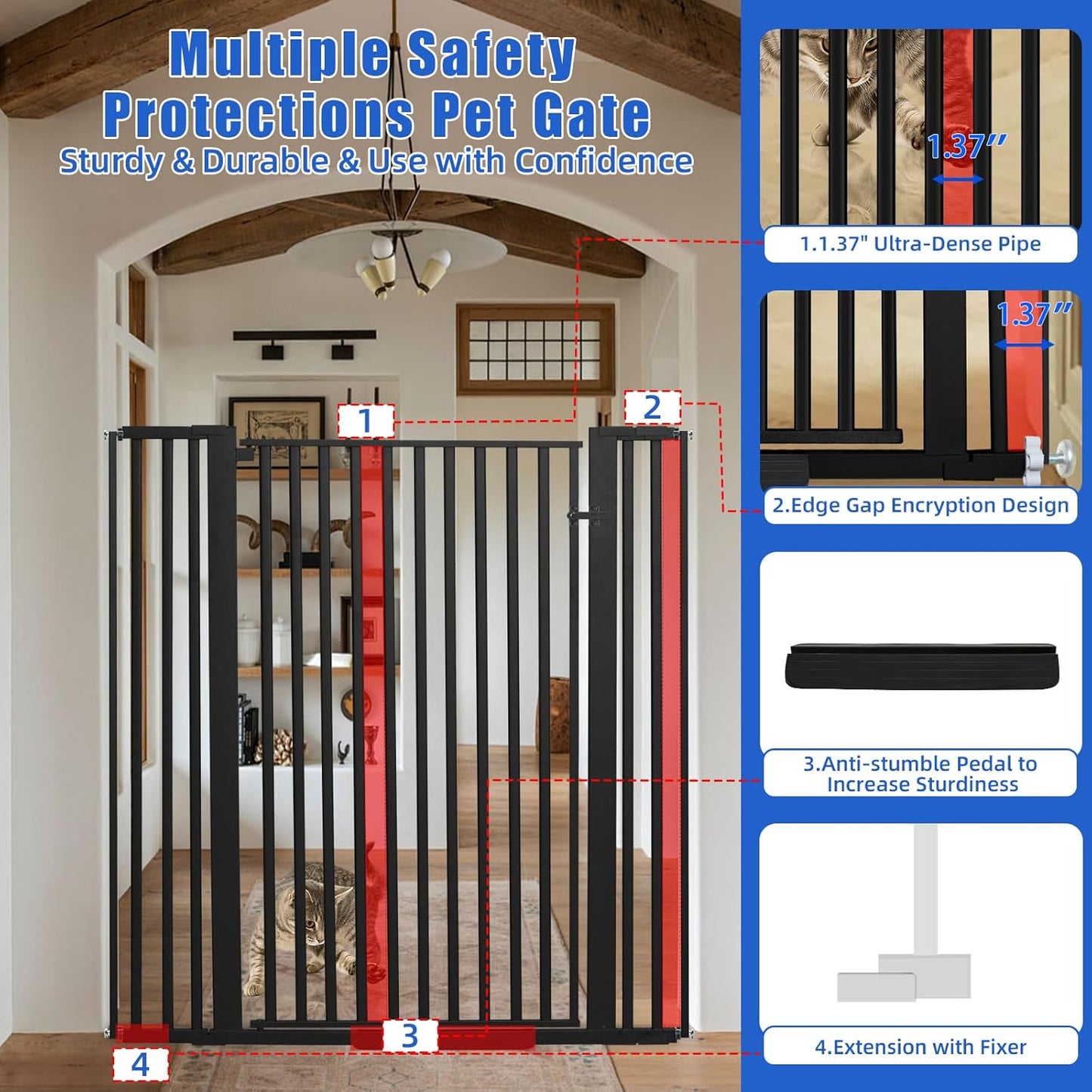 SHYUJAJIE 55 Inch Extra Tall Pet Gate for Cats,29.92"-43" Adjustable Wide Dog Gates,Pressure Mounted Walk Through Tall Pets Gate for Doorways,Hallway,Stairs(Black)