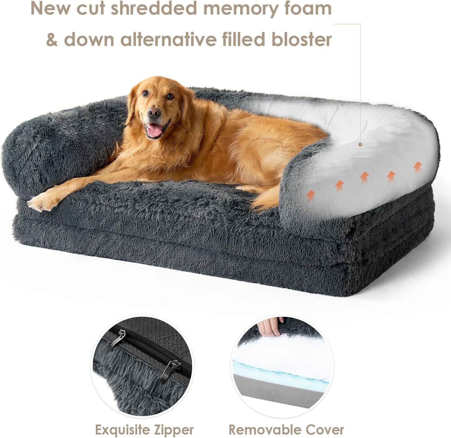 EHEYCIGA Foldable XXL Dog Bed for Large Sized Dog, 54"x38"x7.5" Faux Fur Fluffy Pet Couch Bed, Orthopedic Calming Memory Foam Big Pet Bed, Washable Pet Sofa Bed with Non-Slip Bottom, Dark Grey