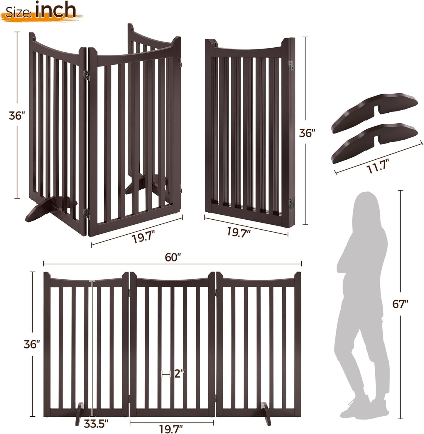 Topeakmart Dog Fence Indoor 36" Tall 3-Panels Wooden Foldable Dog Gate for Pets with 2 Support Feet Freestanding Pet Barrier for Doorways, Porch, Stairs, Kitchen Espresso 60" L × 36" H