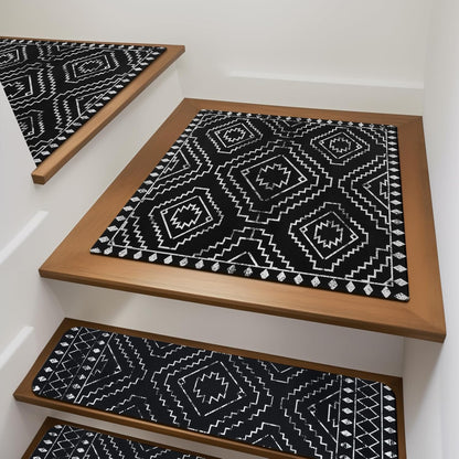 OJIA Boho Stair Treads Non-Slip Stair Runners for Wooden Steps Indoor 15PCS 30"x8" Washable Carpet Stair Treads Stair Mats Staircase Step Treads for Kids, Elders and Dogs, Stair Covers, Black