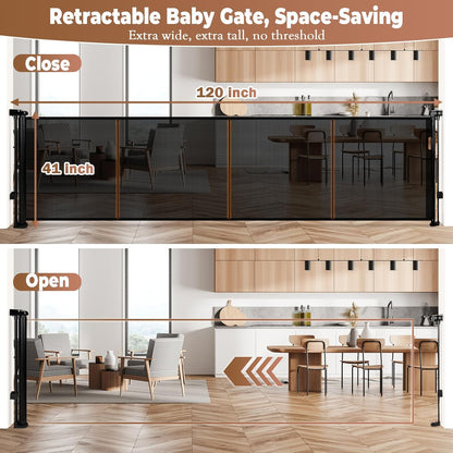 236" Retractable Baby Gate Extra Wide, 41" Tall Retractable Dog Gate for Stairs, Doorways, Decks, Mesh Gate Long Child Gate Pet Gate for Indoor, Outdoor, with Reinforced Mesh Rods, Dual Locks